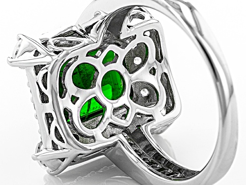 2.72ct Emerald Cut Russian Chrome Diopside, 2.25ctw White Zircon Silver Ring - Size 12