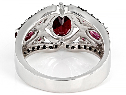 2.30ctw Mixed Shapes Raspberry Rhodolite & .44ctw Round Black Spinel Rhodium Over Silver Ring - Size 6