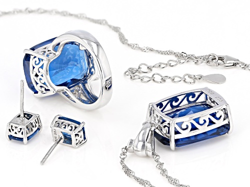38.00ctw Lab Created Blue Spinel Rhodium Over Silver Pendant With Chain, Earrings,Ring Box Set