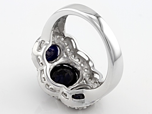 4.35ctw Oval Blue Sapphire And .56ctw Round White Zircon Rhodium Over Sterling Silver 3-Stone Ring - Size 10
