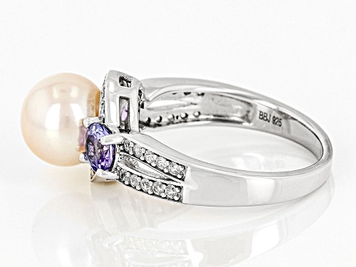 8mm White Cultured Freshwater Pearl With Tanzanite & White Zircon Rhodium Over Silver Ring - Size 12