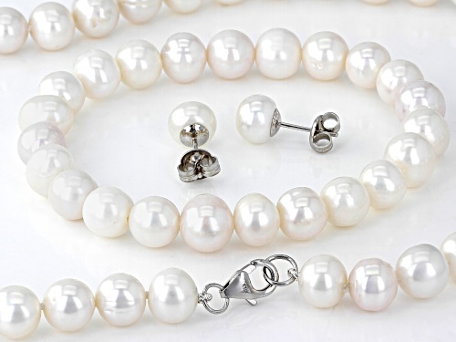 8-9mm White Cultured Freshwater Pearl Rhodium Over Silver Necklace, Bracelet, and Earring Set