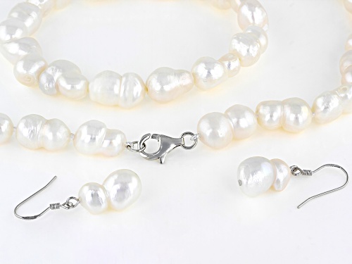 8-11mm Cultured Freshwater Pearl Rhodium Over Sterling Silver 20 Inch Necklace Bracelet Earring Set