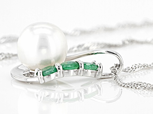 9-10mm Cultured Freshwater Pearl with Zambian Emerald Rhodium Over Silver Pendant with Chain