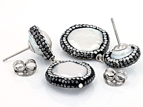 9-9.5mm Cultured Freshwater Pearl with Multi-Color Crystal Accents Rhodium Over Silver Earrings
