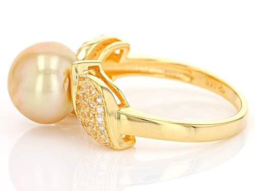 9mm Golden Cultured South Sea Pearl and White Topaz 18k Yellow Gold Over Sterling Silver Ring - Size 12