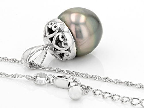 13-14mm Cultured Tahitian Pearl Rhodium Over Sterling Silver Pendant With Chain
