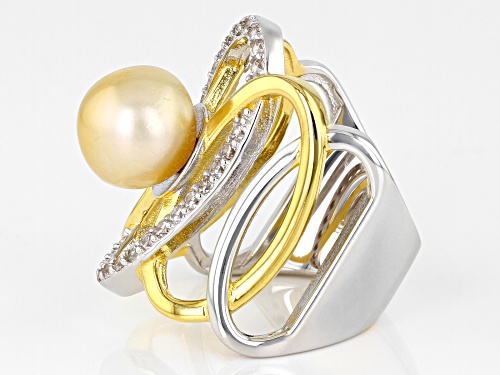 9mm Golden Cultured South Sea Pearl with White Zircon Rhodium & 18k Yellow Gold Over Silver Ring - Size 12