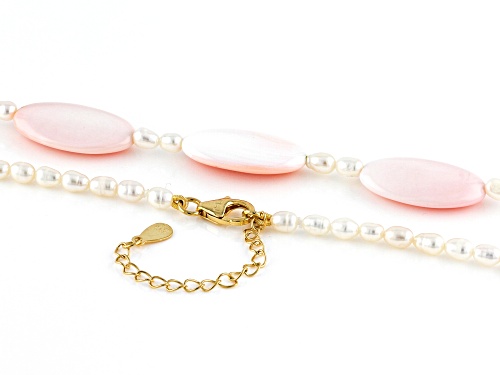 3-4mm Cultured Freshwater Pearl and Pink Conch Shell 18k Yellow Gold Over Silver Necklace