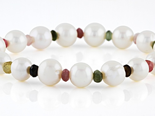 7.5-8mm White Cultured Freshwater Pearl and Multi-Tourmaline Stretch Bracelet