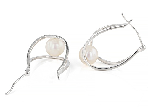 8-8.5mm White Cultured Freshwater Pearl Rhodium Over Sterling Silver Double Hoop Earrings