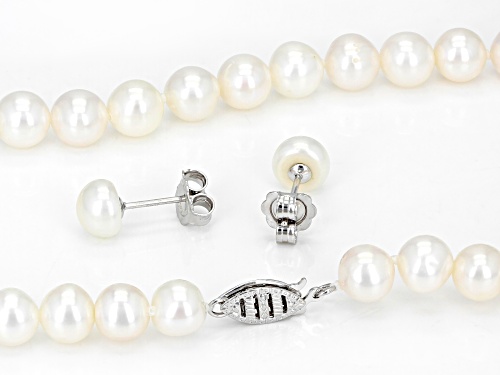 7-8mm White Cultured Freshwater Pearl Rhodium Over Sterling Silver 18 Inch Necklace And Earring Set