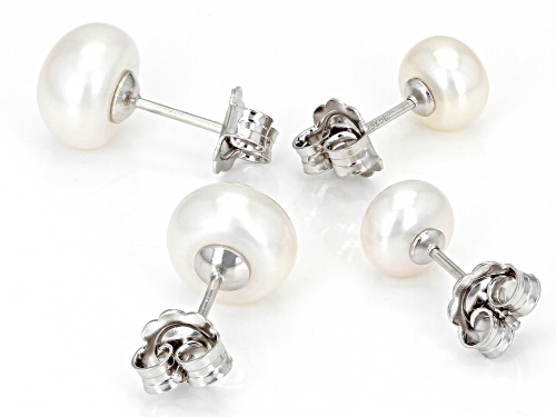 7-7.5mm And 9-10mm White Cultured Freshwater Pearl Rhodium Over Sterling Silver Earrings Set of Two