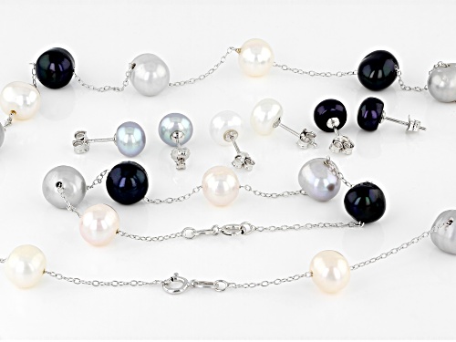 8-9mm Mutli-Color Cultured Freshwater Pearl Rhodium Over Sterling Necklace Bracelet And Earring Set