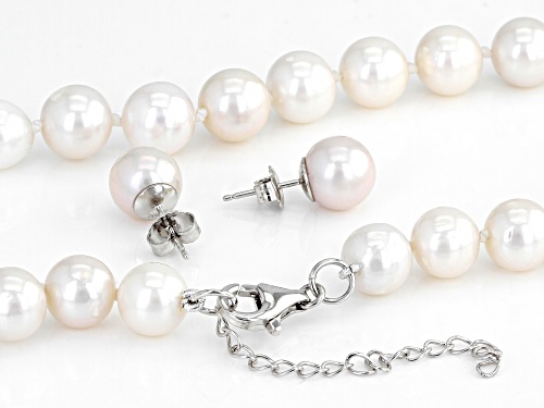9-10mm White Cultured Freshwater Pearl Rhodium Over Sterling Silver Necklace And Earring Set