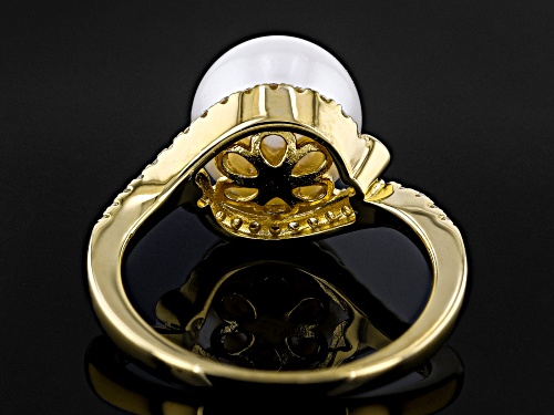 9-10mm White Cultured Freshwater Pearl and White Zircon 18k Yellow Gold Over Sterling Silver Ring - Size 12