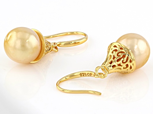 10mm Golden Cultured South Sea Pearl and White Topaz Accent 18k Yellow Gold Over Silver Earrings
