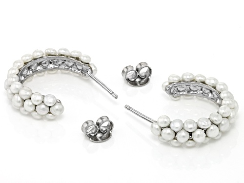 2.5-3mm White Cultured Freshwater Pearl Rhodium Over Sterling Silver Hoop Earrings