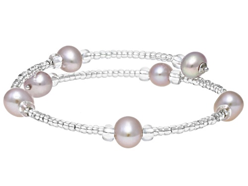 6-7mm Light Multi-Color Cultured Freshwater Pearl And Glass Bead Sterling Silver Bangle Set