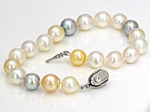 8-9mm Multi-Color Cultured Japanese Akoya Pearl Rhodium Over Sterling Silver Bracelet - Size 8