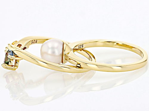 6-6.5mm White Cultured Freshwater Pearl & Multicolor Sapphire 18k Gold Over Sterling Silver Ring Set - Size 10