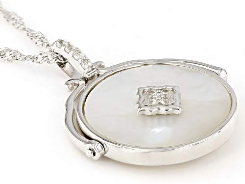 White Mother-of-Pearl and 0.18ctw White Zircon Rhodium Over Sterling Silver Pendant with Chain