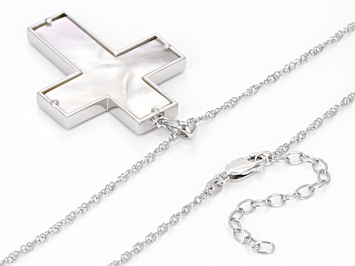 White Mother-of-Pearl Rhodium Over Sterling Silver Cross Pendant with Chain