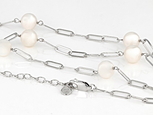 7.5-8mm White Cultured Freshwater Pearl Rhodium Over Sterling Silver Station Necklace - Size 18