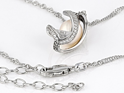 10mm White Cultured Freshwater Pearl and White Zircon Rhodium Over Sterling Silver Pendant w/Chain