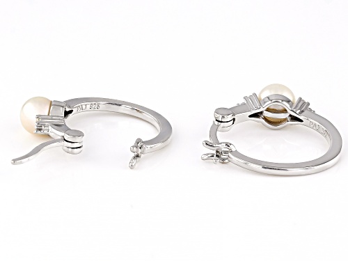 5-5.5mm White Cultured Freshwater Pearl and White Zircon Rhodium Over Sterling Silver Hoop Earrings