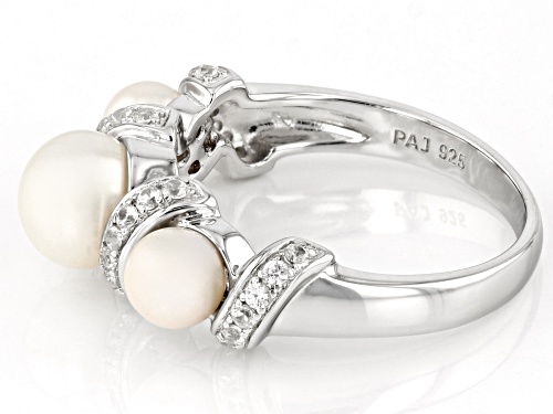 4.5-7mm White Cultured Freshwater Pearl and White Zircon Rhodium Over Sterling Silver Ring - Size 9