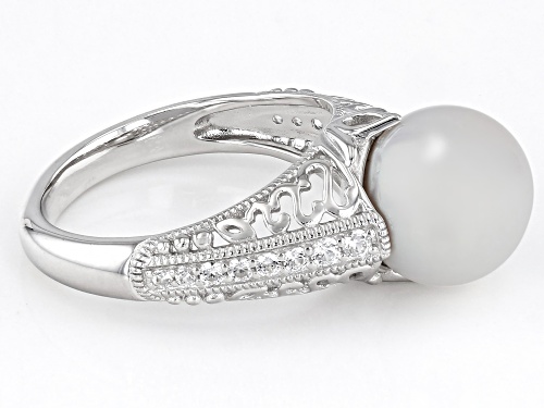 10-10.5mm White Cultured Freshwater Pearl and White Zircon Rhodium Over Sterling Silver Ring - Size 11