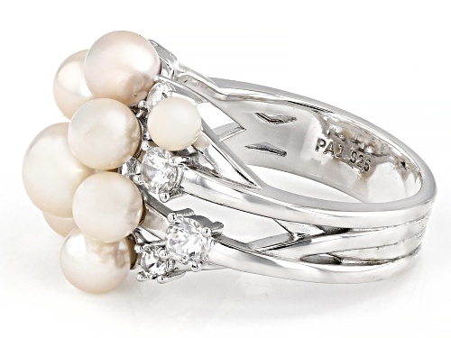 3-6.5mm White Cultured Freshwater Pearl and White Zircon Rhodium Over Sterling Silver Cluster Ring - Size 7
