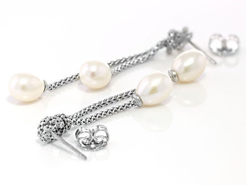 7-7.5mm White Cultured Freshwater Pearl Rhodium Over Sterling Silver Dangle Rope Earrings