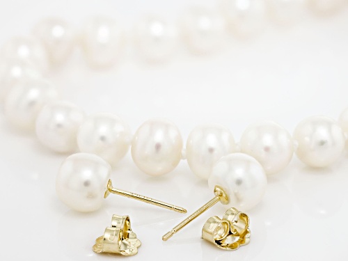 6-7mm White Cultured Freshwater Pearl 14k Yellow Gold Necklace and Earrings Set