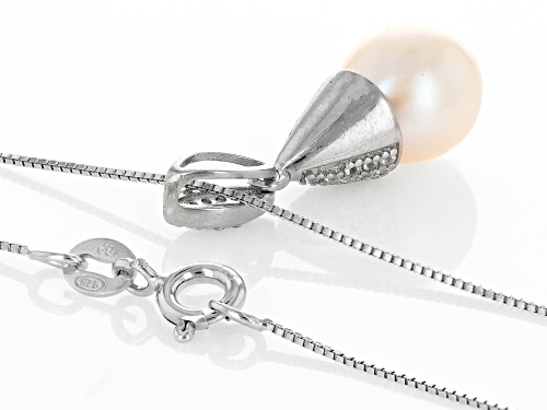 9-10mm White Cultured Freshwater Pearl and Lab Sapphire Rhodium Over Sterling Silver Pendant