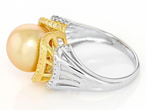 11-12mm Golden Cultured South Sea Pearl with Topaz Rhodium & 18k Gold Over Silver Two-Tone Ring - Size 7