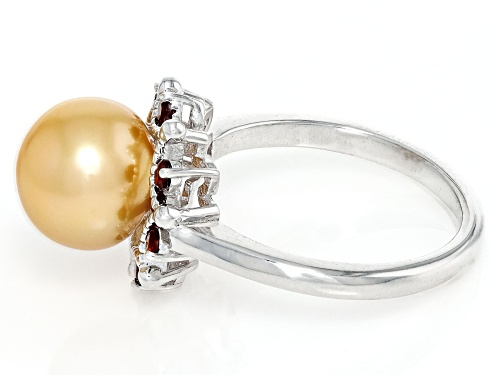8-9mm Golden Cultured South Sea Pearl and Garnet Rhodium Over Sterling Silver Ring - Size 7