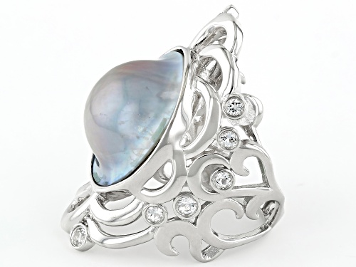 15mm Platinum Cultured South Sea Mabe Pearl With White Topaz Rhodium Over Sterling Silver Ring - Size 11