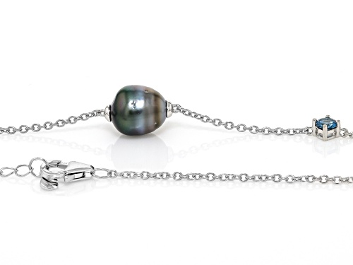 9-10mm Cultured Tahitian Pearl and London Blue Topaz Rhodium Over Sterling Silver 20