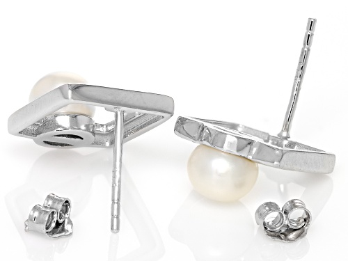 6-7mm White Cultured freshwater Pearl Rhodium Over Sterling Silver Drop Earrings