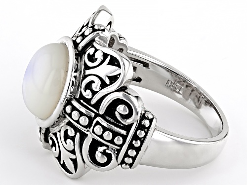 9mm White Mother-of-Pearl Rhodium Over Sterling Silver Oxidized Ring - Size 6