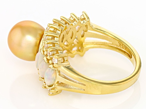 9-10mm Golden Cultured South Sea Pearl with Ethiopian Opal & Zircon 18k Yellow Gold Over Silver Ring - Size 7