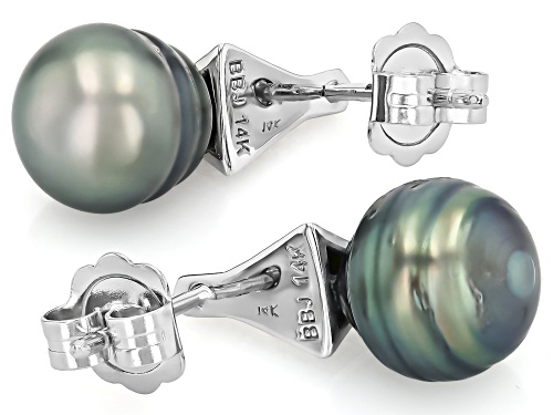 9mm Cultured Tahitian Pearl with 0.27ctw Blue & White Diamonds Rhodium Over 14k White Gold Earrings