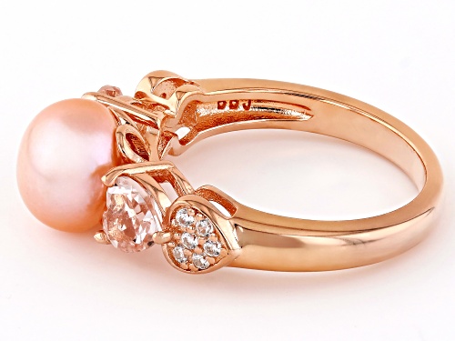 8.5-9mm Pink Cultured Freshwater Pearl with Morganite & Zircon 18k Rose Gold Over Silver Ring - Size 10