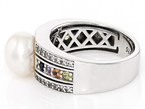 9-10mm White Cultured Freshwater Pearl with Multi-Color Sapphire & Zircon Rhodium Over Sterling Ring - Size 7