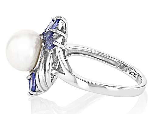 8-9mm White Cultured Freshwater Pearl and 0.64ctw Tanzanite Rhodium Over Sterling Silver Ring - Size 12