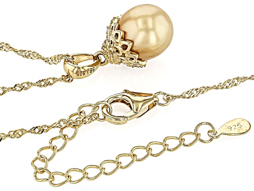 9-10mm Golden Cultured South Sea Pearl & White Zircon 18k Gold Over Sterling Silver Pendant/Chain