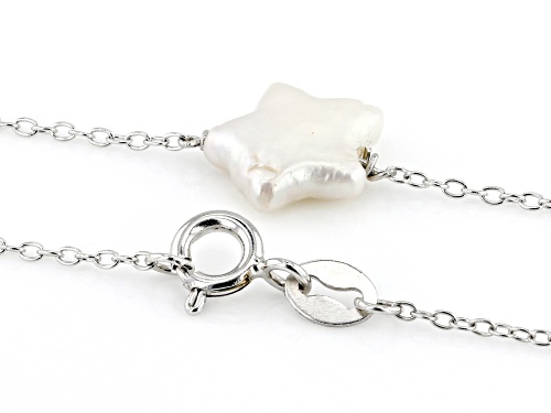 7-8mm White Cultured Freshwater Pearl Rhodium Over Sterling Silver Star Shaped Station Necklace - Size 18