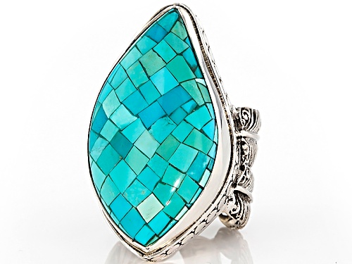 Artisan Collection Of Bali™ 32x18mm Mosaic Turquoise Solitaire Sterling Silver Feather Ring - Size 5